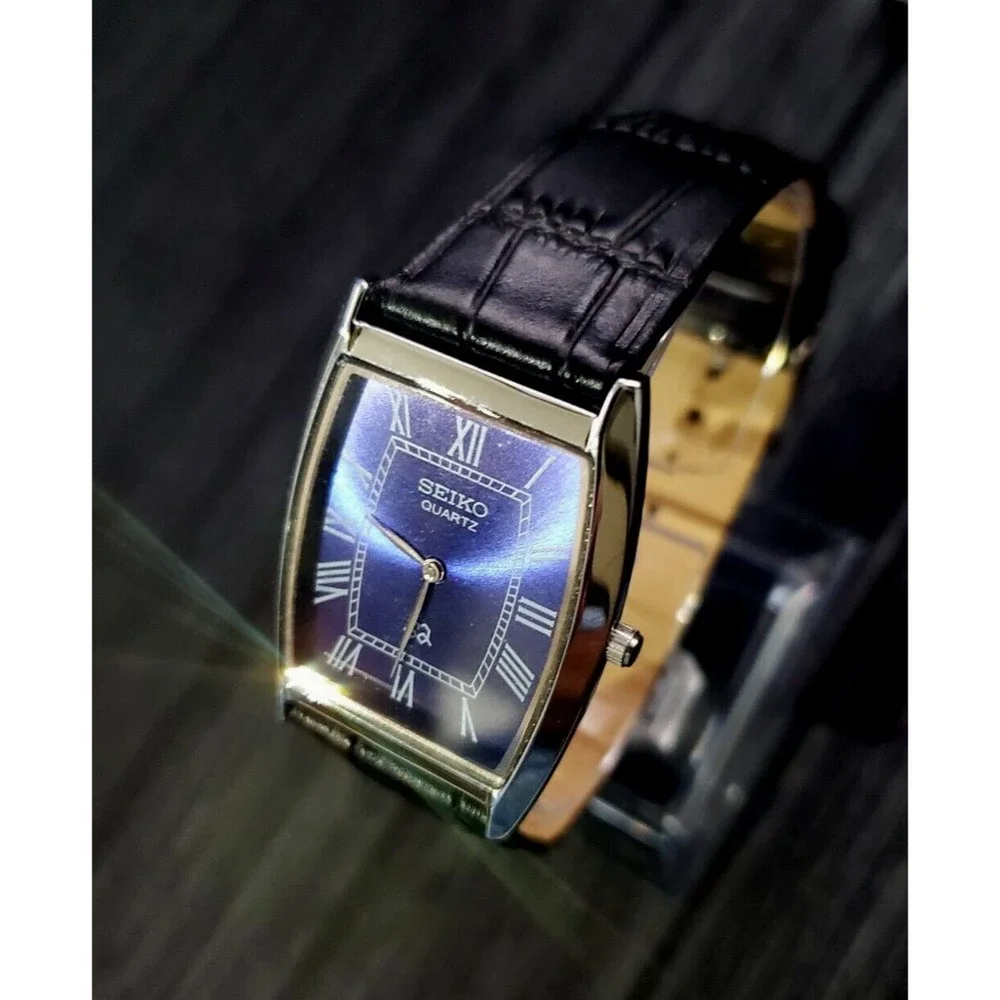 RARE NOS Seiko Mens Tank‎ Barrel Blue Satin Roman Dial Black Leather band…